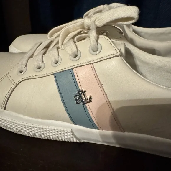 Lauren Ralph Lauren Cream Sneakers with Pink and Blue Details - Picture 2 of 6
